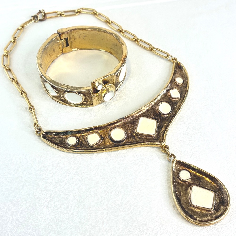 Vintage Gold Tone Bib Necklace Bracelet Set Brutalist Enamel Geometric MCM